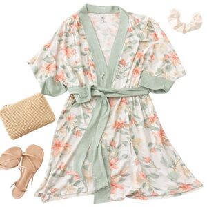 Flora Nikrooz Floral Robe Sage Green Polka Dot Trim Belt Soft Stretch XL Lounge